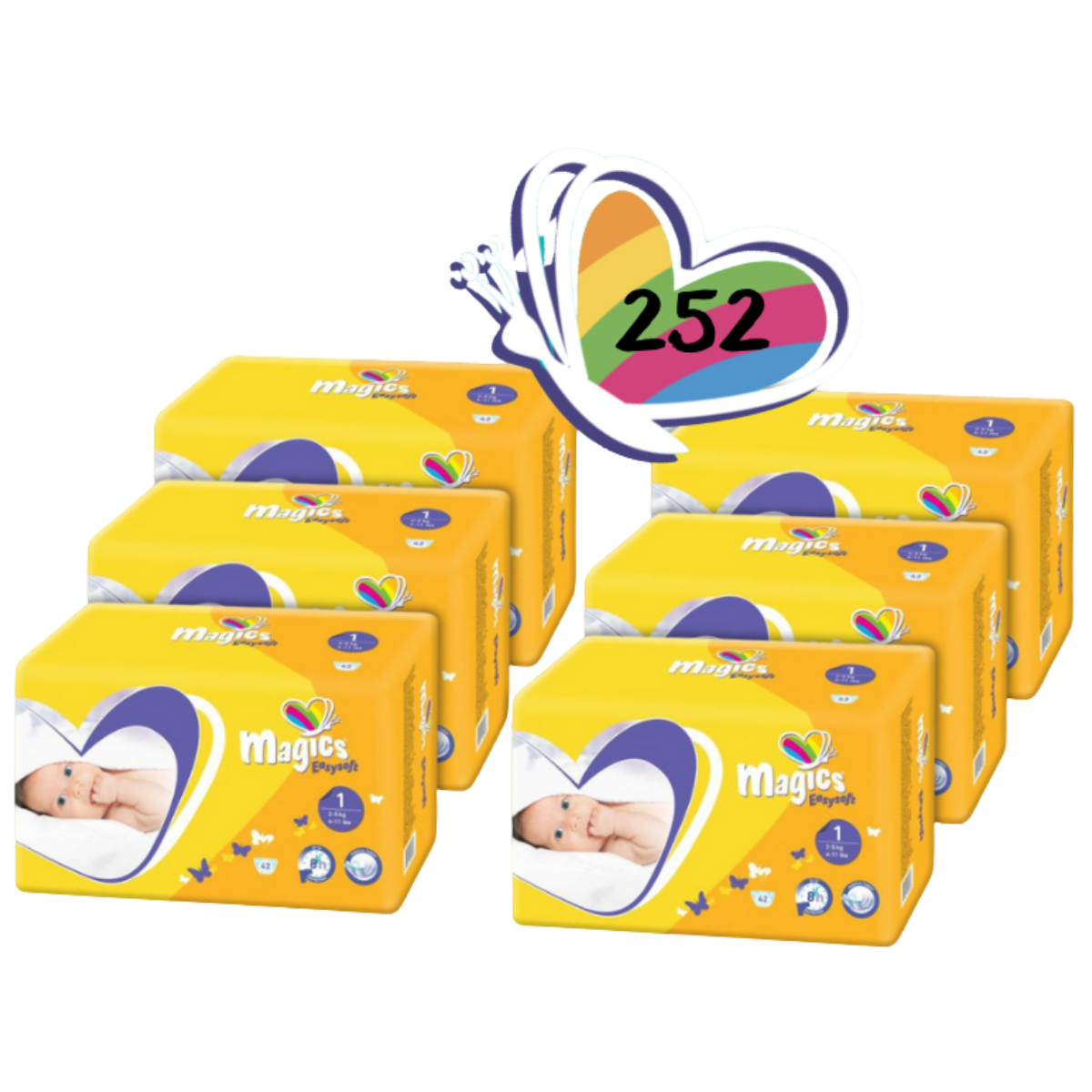 Caja de Pañales Magics Baby EasySoft Talla 1 (2-5Kg). 252Unds